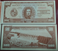 URUGUAY, P Unl 40p , 500 Pesos , L 1939 (1966) , UNC ,  PROOF COLOUR TRIAL SPECIMEN , 2 Notes Brown - Uruguay
