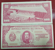 URUGUAY, P Unl 40p , 500 Pesos , L 1939 (1966) , UNC ,  PROOF COLOUR TRIAL SPECIMEN , 2 Notes Pink - Uruguay