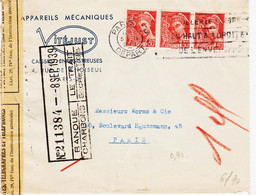 France,  De Paris 37 En Sept  1939  Censure   Tarif 90 C Bande De Trois Mercure TB - Tarifs Postaux