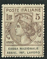 REGNO 1924 ENTI PARASTATALI  CASSA NAZIONALE ASSIC. INF. LAVORO 5 L. SASSONE N. 23 ** MNH - Franchigia