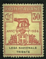 REGNO 1924 ENTI PARASTATALI LEGA NAZIONALE TRIESTE  30 C.** MNH BEN CENTRATO - Franchise