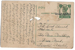 INDIA KGVI 1945 POSTCARD 9 PIES STAMP OVERPRINTED HALF ANNA.damaged Postcard. - Cartas & Documentos