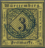 Württemberg - Stumme Stempel: TÜBINGEN 1851, 3 Kreuzer Schwarz Auf Pastellgelb M - Other & Unclassified