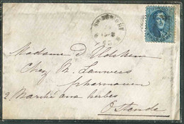 N°15 - Médaillon 20 Centimes Bleu, Obl. D.96 Sur Enveloppe De Deuil De BOITSFORT * le 13-8-1863 Vers Ostende. Bureau RR. - 1863-1864 Medaglioni (13/16)