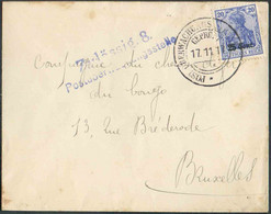 OC N°31 - 25 Cent. S/25pfg Obl. Dc POSTÜBERWACHUNGSSTELLEnGeprüft 17.11.17 sur Lettre Vers Bruxelles + Griffe bleue Zulä - OC26/37 Territoire Des Etapes