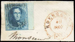 N°7 - Médaillon 20 Centimes Bleu, Bien Margé Et Beau Bdf Droit, Obl. P.101 Sur Petit Fragment Avec Càd ROCHEFORT 30 NOV. - 1851-1857 Medallones (6/8)