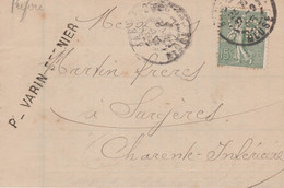 LETTRE P. VARIN-BERNIER EPERNAY AFFRANCHIE AVEC UN 15C VERT GRIS TYPE SEMEUSE PERFORE V.B. - Briefe U. Dokumente