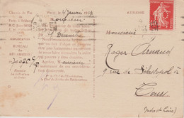 CARTE CHEMIN DE FER PARIS-ORLEANS AFFRANCHIE AVEC UN 40C ROUGE TYPE SEMEUSE PERFORE P. O. - Covers & Documents