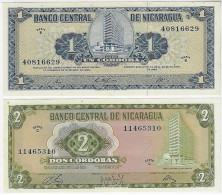 Banknote Nicaragua 1 And 2 Cordobas 1968 And 1972 Pick-115 And 121a Both Unc (catalog US$12) - Nicaragua