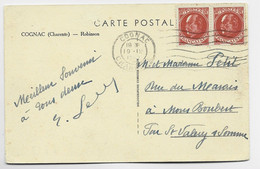 FRANCE PETAIN 30C PAIRE  CARTE 5 MOTS MEC COGNAC 19.IX .1941 AU TARIF - 1941-42 Pétain