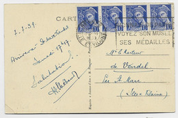 FRANCE MERCURE 10C BANDE DE 4 CARTE RENNES 7.VII.1939 AU TARIF - 1938-42 Mercurius