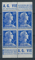 PII-/-223- N° 1011B Type I, * * , PUB "  A.G.Vie - 4 PUBs DIFFERENTES Se TENANT  "   IMAGE DU VERSO SUR DEMANDE, - Used Stamps