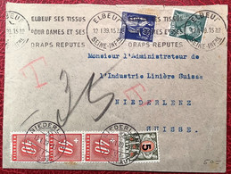 NIEDERLENZ AARGAU 1939 Schweiz Nachportomarken 1937+1938 Brief France Paix+Mercure Elbeuf(Portomarke Lettre Taxé Textile - Strafportzegels