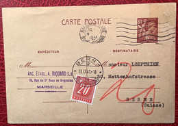 TAXATION RARE !  BERN 1941Schweiz Nachportomarke France Entier Postal IRIS Marseille Gare(Portomarke Lettre Brief Taxé) - Strafportzegels