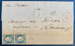 Guadeloupe Lettre 8 Sept 1875 Pour Bordeaux Paire Du N°23 Obl GC Losange 8 X 8 + Dateur Ligne Rouge - Briefe U. Dokumente