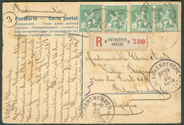 N°110(6) - 5 Centimes Vert (bande De Trois + 1ex. + 2 Ex. Côté Vue)) Obl. Sc ANTWERPEN 6 sur Carte Postale (dessinée à L - 1912 Pellens