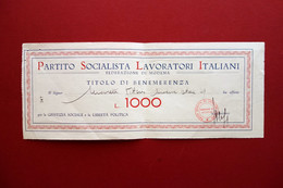 Partito Socialista Dei Lavoratori Modena Titolo Benemerenza Sovvenzione 1949 - Unclassified