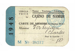 Carte De Membre Casino De NAMUR 1948 Ticket Entrée Lidkaart Charles Verheyden - Membership Cards
