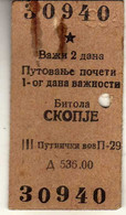 Transportation Ticket - Yugoslavia Railway - Bitola / Skopje - Europe