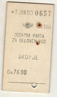 Transportation Ticket - Yugoslavia Railway - Supplementary Ticket Skopje, - Other