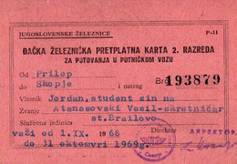 Transportation Ticket - Yugoslavia Railway - Student Ticket Relation Prilep / Skopje ( Macedonia ) - Europe