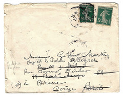 Lettre Destination Paris Réexpédiée Brive Corrèze Cachet De Facteur 5c Vert Semeuse Ob 1907 Yv 37 - Cachets Manuels