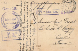 C.P. 1915 KRIEGSGEFANGENEN 8 JUL 1915  GEPRÜFT   M.PREVOST TO EURE FRANCE  ( PADERBORN )    2 SCANS - Kriegsgefangenschaft