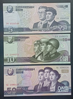 BY35 - North Korea 5, 10, 50 Won Banknotes 2002 UNC P-58, P-59, P-60 - Korea, North