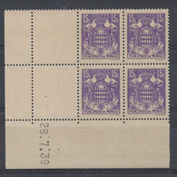 MONACO - N° 158A - ARMOIRIES - Bloc De 4 COIN DATE - NEUF SANS CHARNIERE - 26/7/39 - Neufs