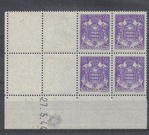 MONACO - N° 252 - ARMOIRIES - Bloc De 4 COIN DATE - NEUF SANS CHARNIERE - 27/5/44 - Nuovi