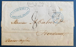Lettre 1868 Pour Bordeaux Dateur "Guadeloupe/Pointe à Pitre" Steamer Anglais Taxée 8 + Entrée Bleue :Colonies.FRA.V.Angl - Cartas & Documentos