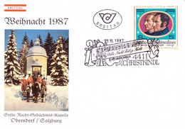 1987, Österreich, "Weihnachten - J. Mohr, F. X. Gruber", SST. 4411 Christkindl 27.11.1987  UZ 7, FDC, Betriebsbeginn - Marcofilia - EMA ( Maquina De Huellas A Franquear)