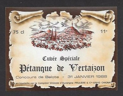 Etiquette De Vin De Table  -  Concours De Belote à Vertaizon Le 31/01/1988  -  Prulière à Chignat (63) - Carte Da Gioco