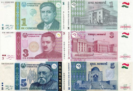 TAJIKISTAN 1 3 5 Somoni 1999 - 2013 UNC 3 Banknotes - Tajikistan
