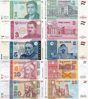 TAJIKISTAN 1 3 5 10 20 Somoni 1999 - 2021 UNC 5 Banknotes - Tajikistan