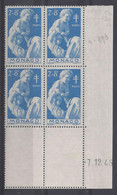 MONACO - N° 293 - OEUVRES ANTI TUBERCULEUSES - Bloc De 4 COIN DATE - NEUF SANS CHARNIERE - 7/12/45 - Unused Stamps
