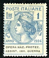 REGNO 1924 ENTI PARASTATALI OPERA NAZIONALE PROTEZ. ASSIST. INV. GUERRA  1 LIRA ** MNH - Franchise