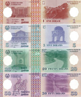 TAJIKISTAN 1 5 20 50 Diram 1999 P 10 11 12 13 UNC 4 Banknotes - Tajikistan