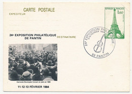 CP Entier Repiqué 1,60 Tour Eiffel - 24eme Exposition Philatélique Harmonie Municipale - 93 PANTIN - Février 1984 - Cartes Postales Repiquages (avant 1995)