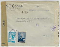 Turkey 1940s Registered Cover From Ankara To Shenectady USA Postage Rate With 2 Stamp And 2 Different Censorship Label - Storia Postale