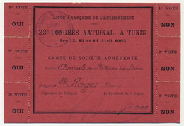 FRANCE / TUNISIE - Carte De Société Adhérente Ligue Fcse De L'Enseignement - 23° Congrès à TUNIS 12/14 Avril 1903 - Documents Historiques