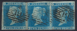 GRANDE BRETAGNE 1841:  Bande De 3 Du 2p Bleu Clair Sur Azuré ND Y&T 4, Obl., Forte Cote - Used Stamps