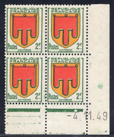 YT-N°: 837 - Blason De L'AUVERGNE, Coin Daté Du 04.11.1949, Galvano B De A+B, 3e Tirage, NSC/**/MNH - 1940-1949