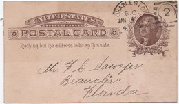 USA - 1886 - Entier Sur Carte Postale 1 Ct  ( Petite Carte ) Charleston   Pour La Floride   Bon état - ...-1900