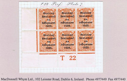 Ireland 1922 Thom Rialtas 5-line Blue-black 2d Die 2, Control T22 Perf, Corner Block Of 6 Plate 7 Mint, Ex Field - Unused Stamps