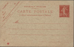 Entier Semeuse Camée 30ct Rouge Date 129 Storch M1 Cote 75 € - Cartes Postales Types Et TSC (avant 1995)