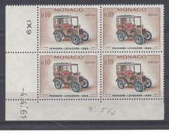 MONACO - N° 562 - PANHARD-LEVASSOR 1899 - Bloc De 4 COIN DATE - NEUF SANS CHARNIERE - 4/4/61 - Unused Stamps
