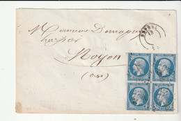 Lettre Avec Bloc De 4 Napoéon N°14B, Cote En Détaché: 500e, Sur Lettre: 900e - 1853-1860 Napoléon III.