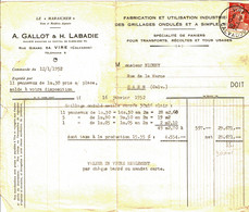1952 - Facture Des Ets GALLOR Et LABADIE De Vire - Fabrication De Grillages Ondulés Et à Simple Torsion - Altri & Non Classificati