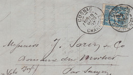 16 LETTRE A. DELEZINIER & Cie. BANQUIERS COGNAC AFFRANCHIE AVEC UN 15C BLEU TYPE SAGE PERFORE A. D. - Lettres & Documents